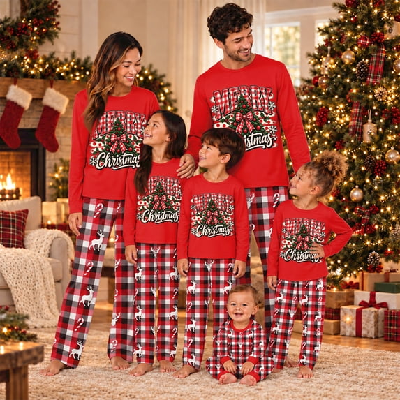 Domzest Family Matching Christmas Pajama Sets Long Sleeve Xmas Printed Sleepwear & Pjama Pants Cute Holiday Family Pjs Sets