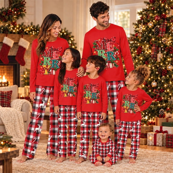 Domzest Family Matching Christmas Pajama Sets Long Sleeve Xmas Printed Sleepwear & Pjama Pants Cute Holiday Family Pjs Sets