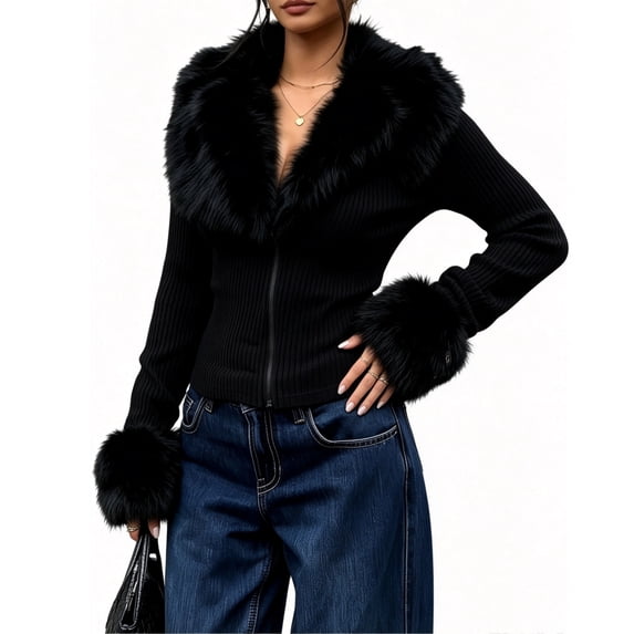 Domzest Faux Fur Fuzzy Collared Jackets Womens Slim Fit Zip Up Cropped Kint Jacket Fall Winter Furry Cuff Ribbed Cardigan Coat Black L