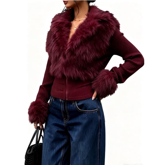 Domzest Faux Fur Fuzzy Collared Jackets Womens Slim Fit Zip Up Cropped Kint Jacket Fall Winter Furry Cuff Ribbed Cardigan Coat Wine L