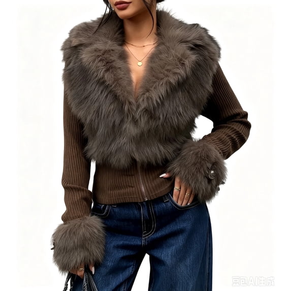 Domzest Faux Fur Fuzzy Collared Jackets for Women Slim Fit Zip Up Cropped Kint Jacket Fall Winter Furry Cuff Ribbed Cardigan Coat Coffee XS
