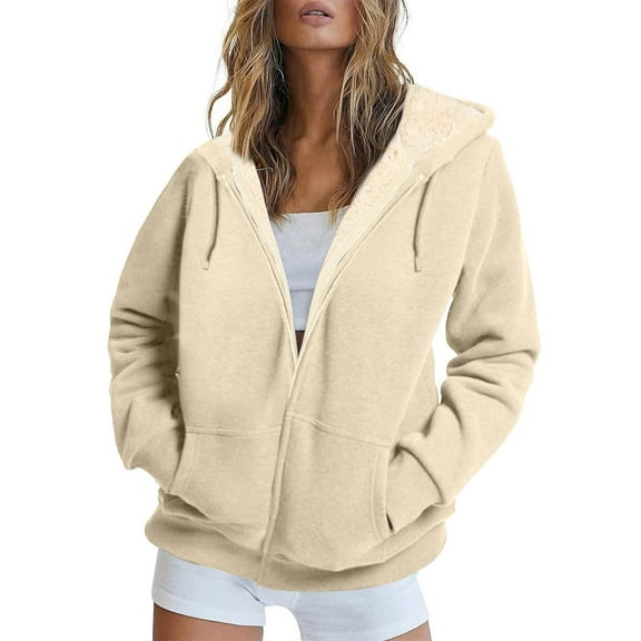 Domzest Fleece Jacket Women Long Sleeve Full Coat Casual Solid Color Fleece Faux Fur Warm Jacket Trendy Oversized with Hooded Winter Plush with Pocket and drawsting Khaki 3XL