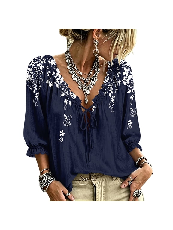 Floral Print Womens V Neck Blouse Lace Up Ruffled 3/4 Sleeve Casual Loose Boho Shirt Top Blue 2XL