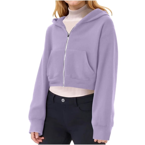 Domzest Girls Cropped Zip Up Hoodie Y2k Long Sleeve Hooded Sweatshirt 2026 Casual Plain Crop Jackets with Pockets Light Purple 150 Age:11-12Y