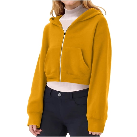 Domzest Girls Cropped Zip Up Hoodie Y2k Long Sleeve Hooded Sweatshirt 2026 Casual Plain Crop Jackets with Pockets Orange 140 Age:9-10Y