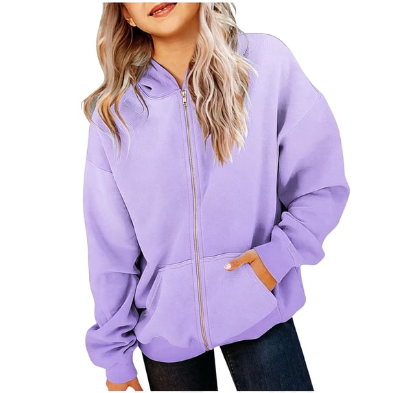 Domzest Girls Gradient Hoodies Zip UP Loose Fit Long Sleeve Sweatshirt Drawstring Hooded Pullover with Pocket for 3-14 Years Purple 110 Age:3-4Y
