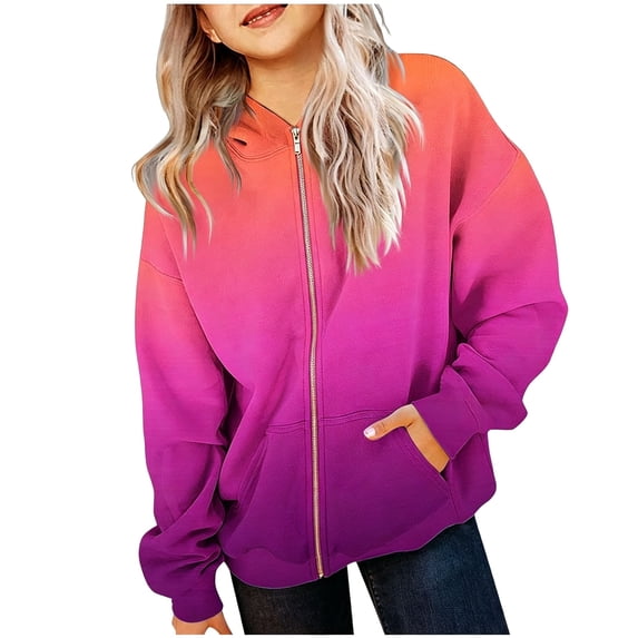 Domzest Girls Gradient Hoodies Zip UP Loose Fit Long Sleeve Sweatshirt Drawstring Hooded Pullover with Pocket for 3-14 Years Red 100 Age:2-3Y