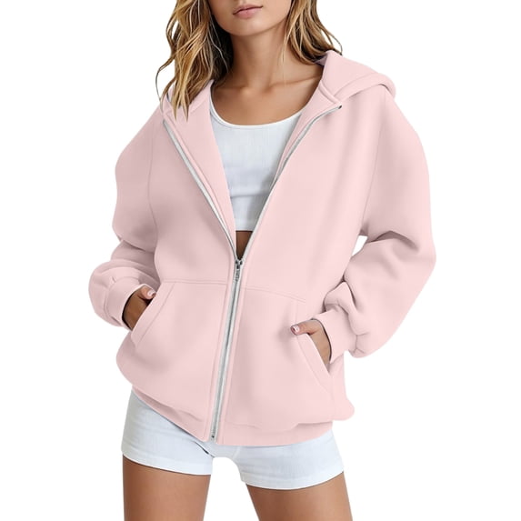 Domzest Girls Oversized Hoodies Long Sleeve Zip Up Sweatshirt Back to School Solid Loose Fit Hoodie with Pockets Pink 100 Age:2-3Y