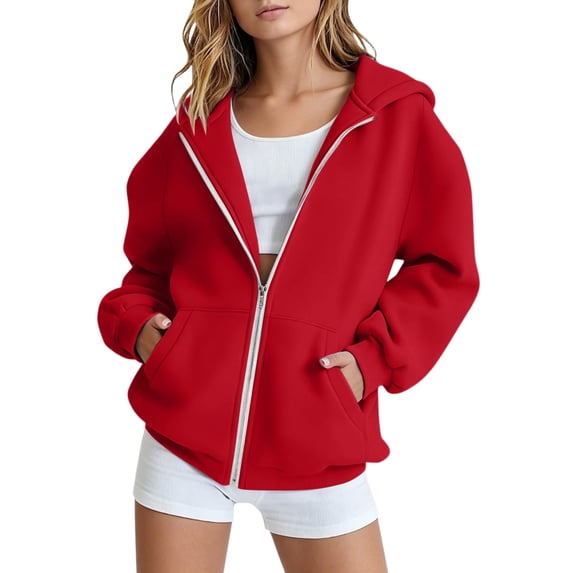 Domzest Girls Oversized Hoodies Long Sleeve Zip Up Sweatshirt Back to School Solid Loose Fit Hoodie with Pockets Red 140 Age:9-10Y