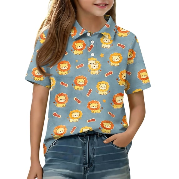 Domzest Girls Polo Shirt Short Sleeve Animal Print Casual Summer Top Kids Back To School Uniform Cotton Pique Collar Button Down Tee Children Youth Fashion Clothing Multicolor 9-10 Years