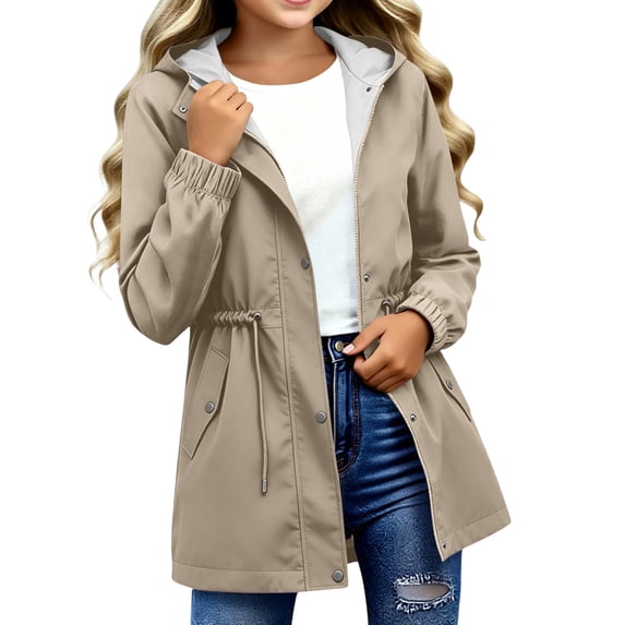 Domzest Girls Rain Jacket Lightweight Packable Windproof Hooded Coats Drawstring Waist Windbreaker for Outdoor with Pockets Khaki 130 Age:7-8Y