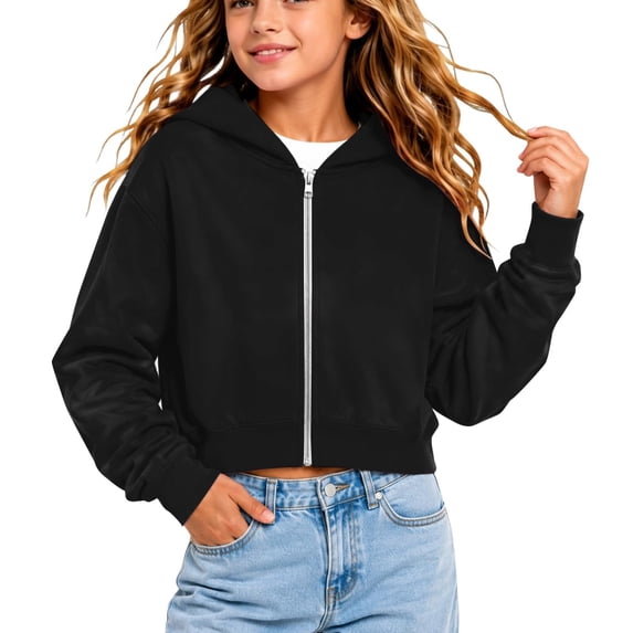Domzest Girls Zip UP Hoodies Long Sleeve Loose Fit Hooded Pullover Lightweight Solid Sweatshirt for 5-15 Years Black 160 Age:13-14Y