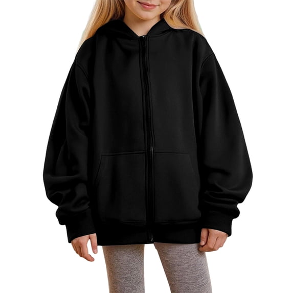 Domzest Girls Zip Up Hoodies Long Sleeve Oversized Sweatshirt Back to School Solid Loose Fit Hoodie with Pockets Black 140 Age:9-10Y