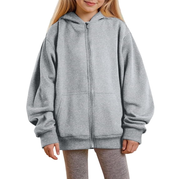 Domzest Girls Zip Up Hoodies Long Sleeve Oversized Sweatshirt Back to School Solid Loose Fit Hoodie with Pockets Gray 150 Age:11-12Y