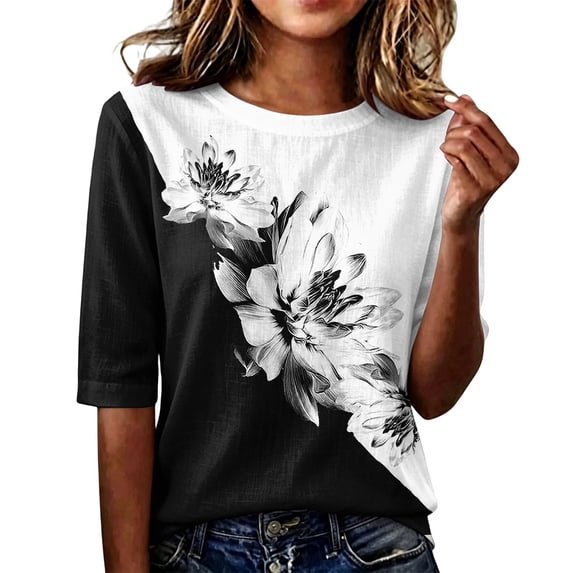 Domzest Half Sleeve Tops for Women Boho Floral Print Lightweight Shirt Crew Neck Loose Fit Dressy Casual Tunic Tops Black L