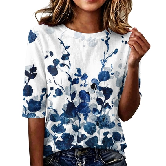 Domzest Half Sleeve Tops for Women Crew Neck Boho Floral Print Shirt Loose Fit Lightweight Dressy Casual Basic Blouse Blue M