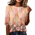 thumbnail image 1 of Domzest Half Sleeve Tops for Women Crew Neck Boho Floral Print Shirts Loose Fit Lightweight Dressy Casual Tunic Tops Yellow L, 1 of 6