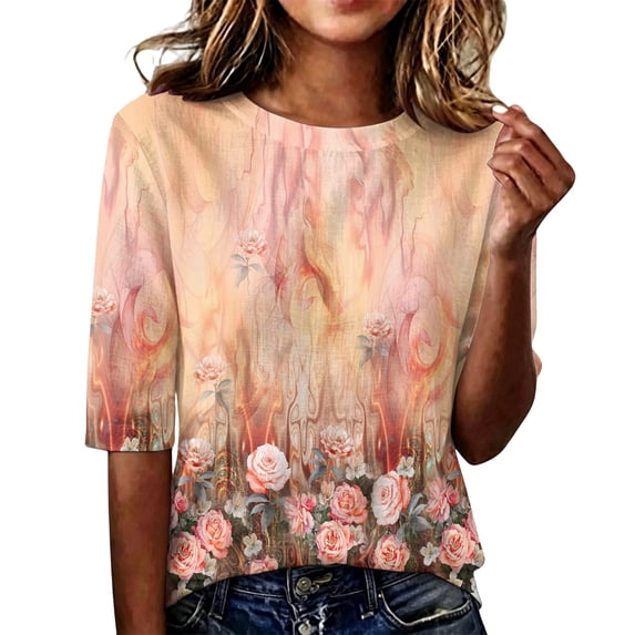 Domzest Half Sleeve Tops for Women Crew Neck Boho Floral Print Shirts Loose Fit Lightweight Dressy Casual Tunic Tops Yellow L