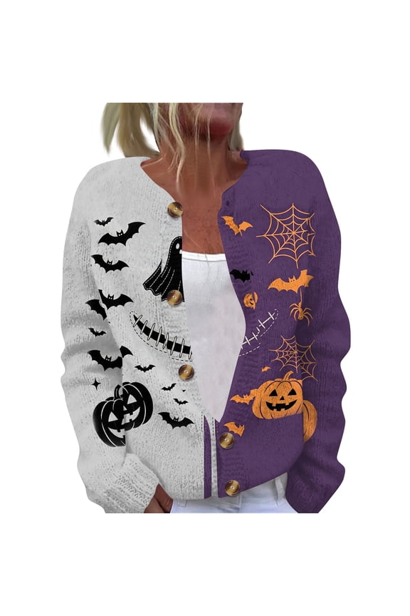 Halloween Cardigan Sweaters for Women Button Knit Long Sleeve Sweater Funny Pumpkin Ghost Graphic Fall Winter Outwear Gray 3XL