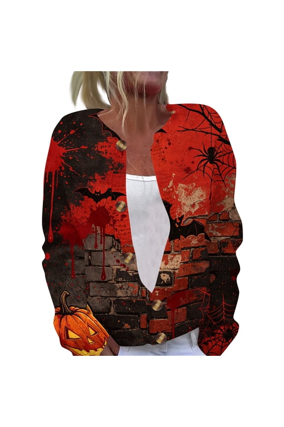 Halloween Cardigan Sweaters for Women Open Knit Long Sleeve Button Down Sweater Cute Pumpkin Ghost Graphic Fall Winter Cardigan Wine L