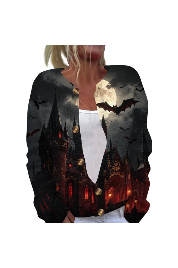 Halloween Cardigan Sweaters for Women Open Knit Long Sleeve Button Down Sweater Vintage Ghost Pumpkin Graphic Fall Winter Cardigan Wine M