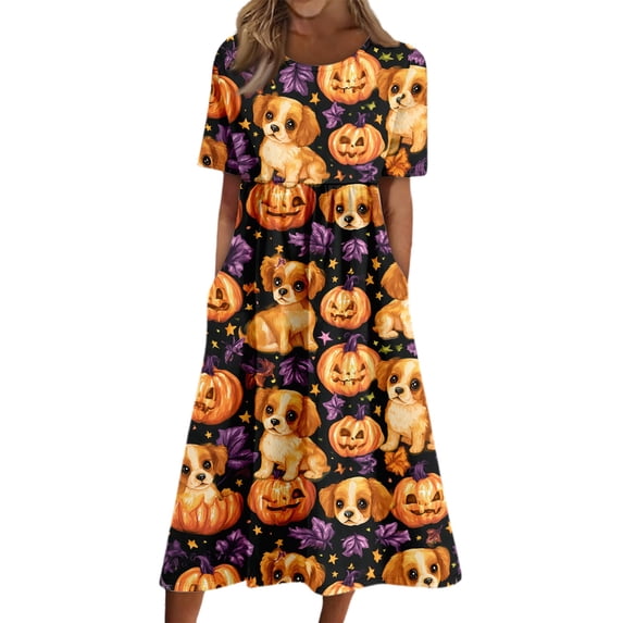 Domzest Halloween Dress for Women Crew Neck Pumpkin Ghost Cat Graphic Midi Dress Loose Fit Short Sleeve Dresses with Pockets Dark Purple 2XL