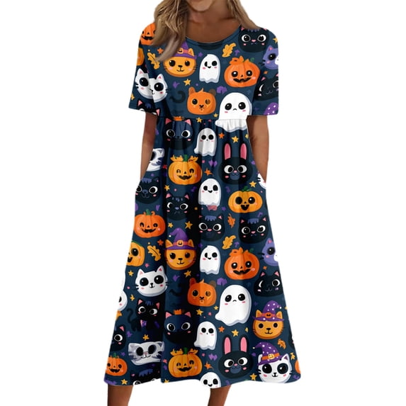 Domzest Halloween Dress for Women Crew Neck Short Sleeve Dresses with Pockets Ghost Pumpkin Graphic Funny Midi Dress Dark Blue S