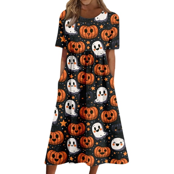 Domzest Halloween Dress for Women Crew Neck Short Sleeve Dresses with Pockets Pumpkin Ghost Bat Print Funny Midi Dress White 3XL