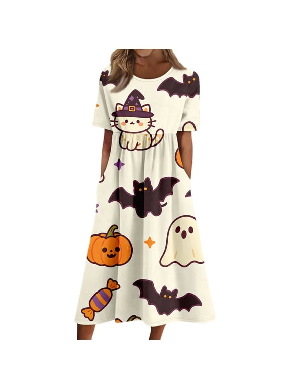 Halloween Dress for Women Short Sleeve Crew Neck Midi Dress Halloween Pumpkin Spooky Print Cute Dresses with Pockets Beige XL