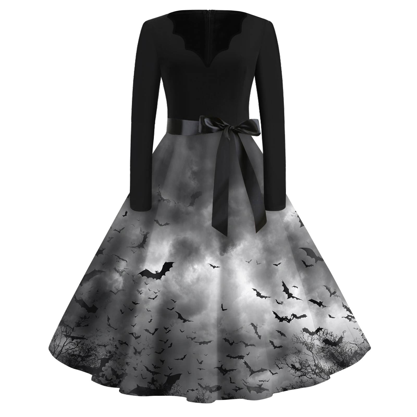 Halloween Kleid Damen Mittelalter Style - Langarm Midikleid Mit Fledermaus Druck