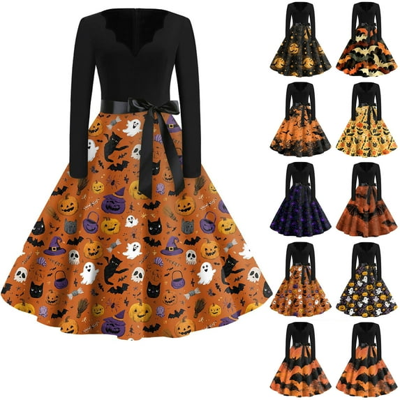 Domzest Halloween Dresses for Women Fall Vintage Witch Printed Long Sleeve Crewneck Plus Size Hepburn Dress Scary Party Cocktail Dresses Hepburn Dresses Orange XL
