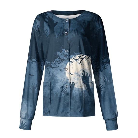 Domzest Halloween Holiday Women Nurse Jacket Halloween Graphic Button Front Scrub Top Funny Long Sleeve Nurse Uniform Blue 5XL