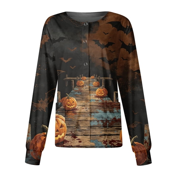 Domzest Halloween Holiday Women Scrubs Jacket Crew Neck Halloween Print Medical Workwear Jacket Long Sleeve Cute Nurse Working Uniform Earthy Yellow S