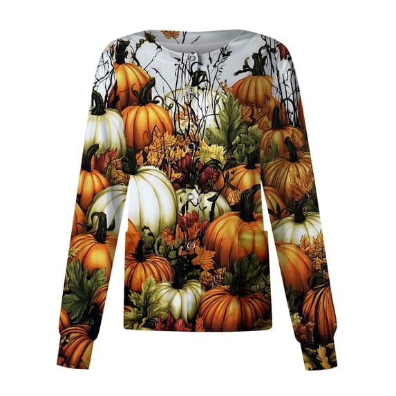 Domzest Halloween Holiday Women Scrubs Jacket Crew Neck Pumpkin Ghost Bat Print Medical Workwear Jacket Button Front Funny Scrub Top Yellow 3XL
