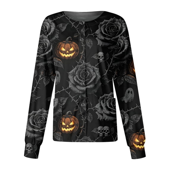 Domzest Halloween Holiday Women Scrubs Jacket Halloween Print Long Sleeve Medical Workwear Jacket Cute Button Front Nurse Working Uniform Gold S