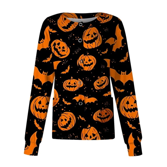 Domzest Halloween Holiday Women Scrubs Jacket Long Sleeve Halloween Print Nurse Working Uniform Button Front Cute Nurse Uniform Saffron 3XL