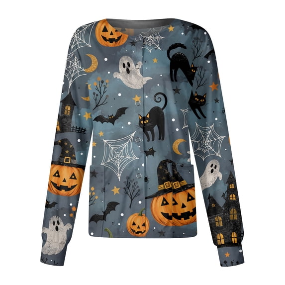 Domzest Halloween Holiday Women Scrubs Jacket Long Sleeve Halloween Print Nurse Working Uniform Crew Neck Funny Medical Workwear Jacket Gray 2XL