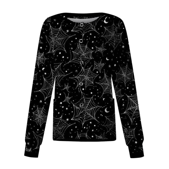 Domzest Halloween Holiday Women Scrubs Jacket Pumpkin Ghost Bat Print Long Sleeve Scrub Top Cute Button Front Medical Workwear Jacket Black 4XL