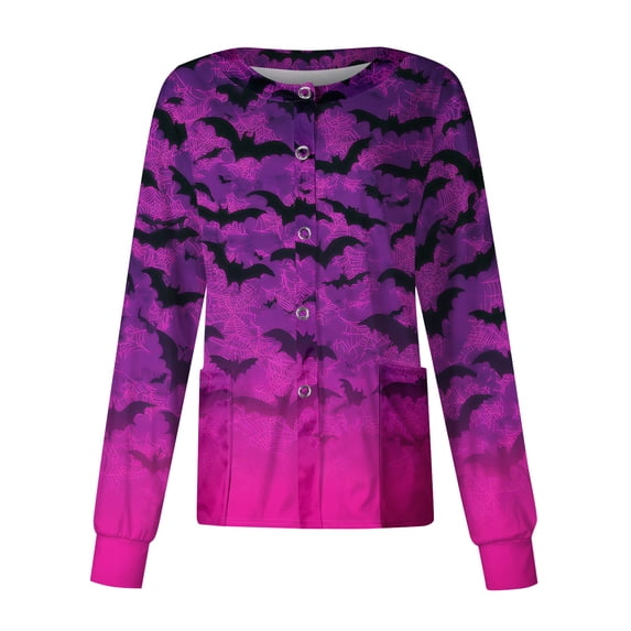 Domzest Halloween Long Sleeve Scrub Top for Women Button Front Pumpkin Ghost Bat Print Nurse Working Uniform Funny Medical Workwear Jacket Dark Purple L