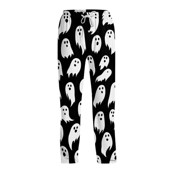 Domzest Halloween Mens Pajama Pants Drawstring Elastic Waisted Pumpkin Ghost Bat Graphic Pj Bottoms Wide Leg Funny Pajama Bottoms White XL