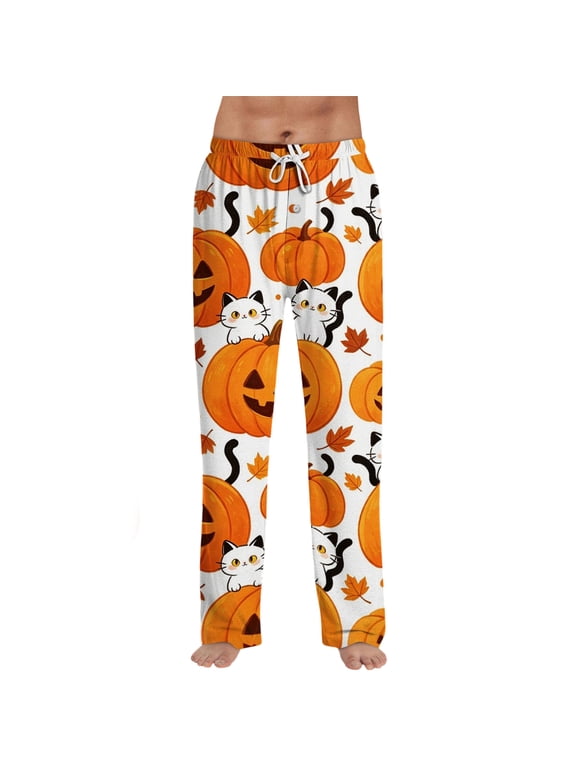 Halloween Mens Pajama Pants Halloween Graphic Drawstring Elastic Waisted Pj Bottoms Wide Leg Funny Pajama Bottoms Yellow L