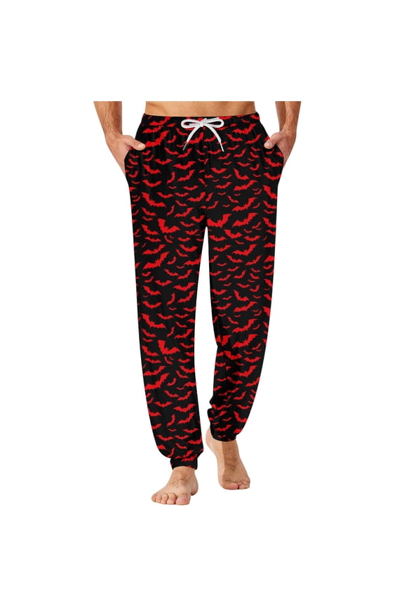 Halloween Mens Pajama Pants Halloween Graphic Wide Leg Sleepwear Drawstring Elastic Waisted Funny Pajama Bottoms Red L