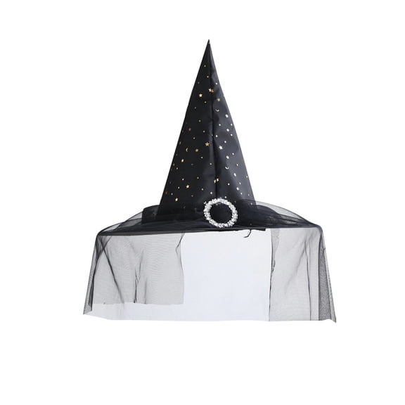 Domzest Halloween Pointed Witch Hat with Spider Web Tulle Veil & Rhinestone Ring Women Wizard Costume Hat For Cos Party Silver One Size