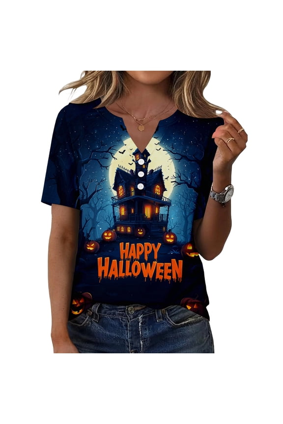 Halloween Printed T-Shirts for Women Gothic Horror Winged Elements Graphic Henly T Shirts Fashion Fantasy Dark Notch V Neck Tee Blue S