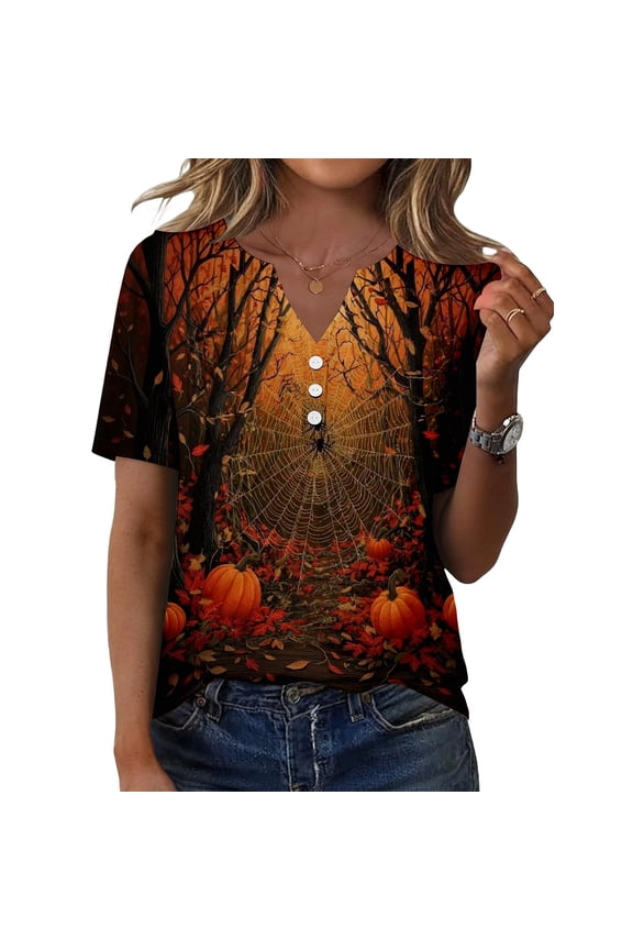 Halloween Printed T-Shirts for Women Gothic Horror Winged Elements Graphic Henly T Shirts Fashion Fantasy Dark Notch V Neck Tee Multicolor M