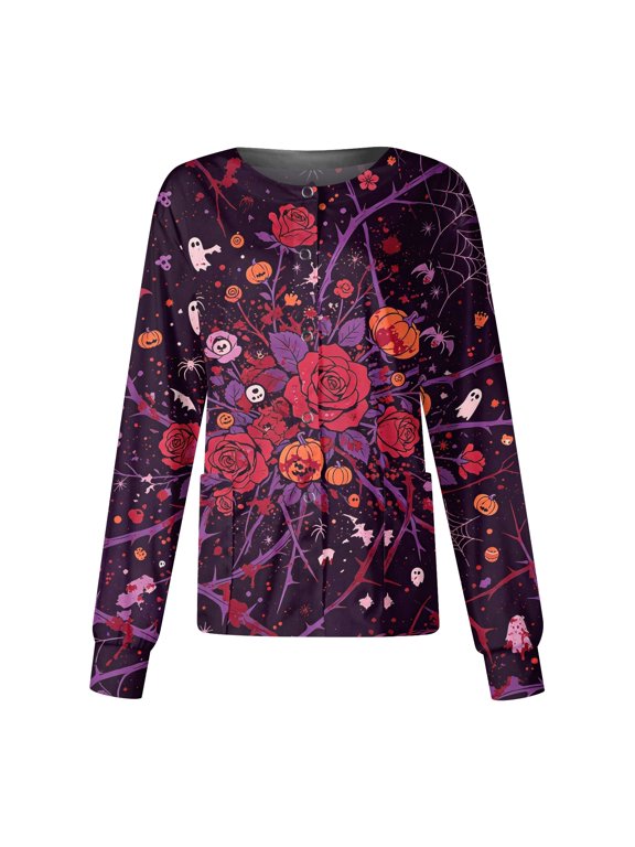 Halloween Scrub Jacket for Women Button Front Halloween Print Medical Workwear Jacket Funny Nurse Working Uniform Wine S