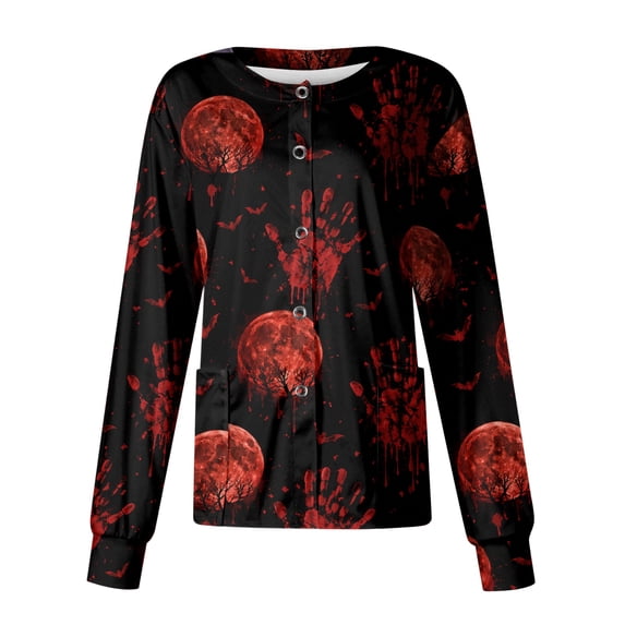 Domzest Halloween Scrub Jacket for Women Button Front Pumpkin Ghost Bat Graphic Nurse Uniform Funny Scrub Top Deep Red M