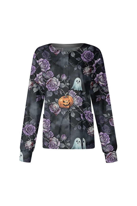 Halloween Scrub Jacket for Women Button Front Pumpkin Ghost Bat Graphic Scrub Top Funny Nurse Uniform Gray M