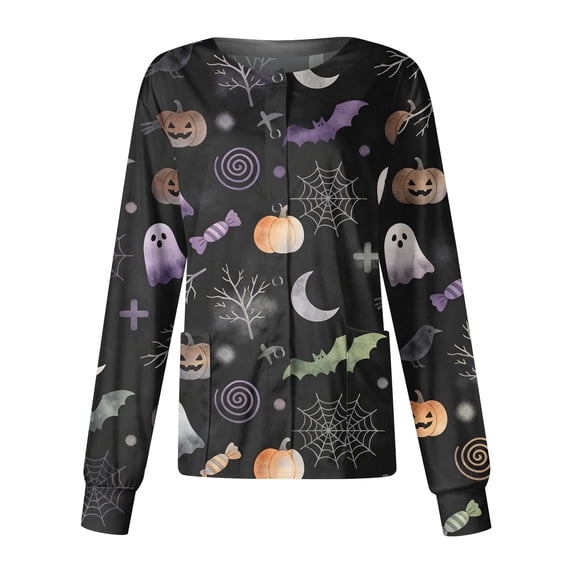 Domzest Halloween Scrub Top for Women Button Front Halloween Graphic Medical Workwear Jacket Crew Neck Cute Nurse Working Uniform White 4XL