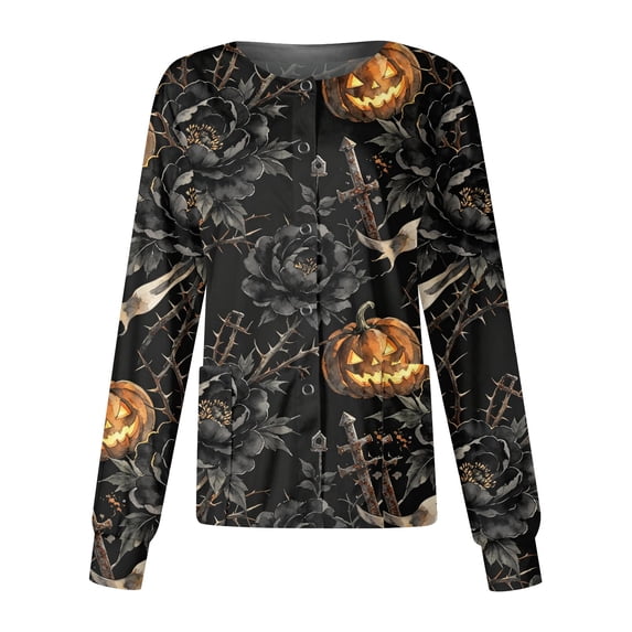 Domzest Halloween Scrub Top for Women Button Front Halloween Print Nurse Uniform Crew Neck Cute Nurse Working Uniform Gray L
